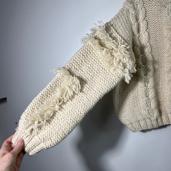Kordal Chunky Knit Highland Wool Fringe Sweater Cream Cable Knit M NWT - Picture 7 of 16